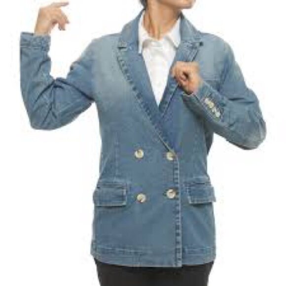 Black Tape Blue Double-Breasted Jean Denim Jacket Sz L - Picture 1 of 9